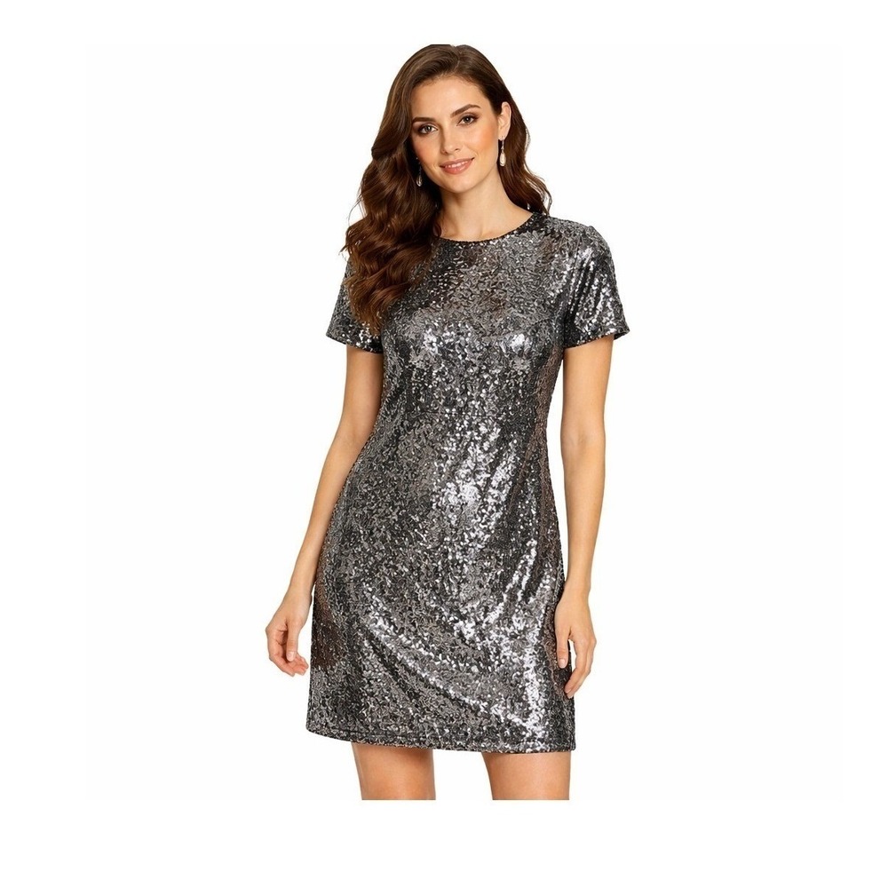 Ann Taylor Silver Sequin Short Sleeve Cocktail Dress Size 8 Crew Neck Party Mini